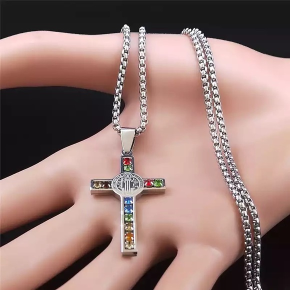 Stainless Steel Crystal Cross Pendant Necklace - Picture 3 of 12